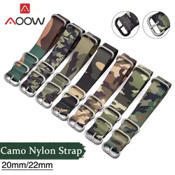 Correa de nailon duradera para hombre, hebilla de anillo de acero inoxidable, correa de reloj militar de camuflaje, accesorios de reloj de repuesto, 20mm, 22mm