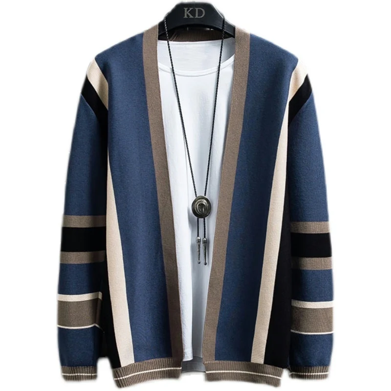 Streetwear Fashion Contrast Color Striped Male Cardigan Korean Style Knitted Casual Luxury Men\'s Sweater Mens Designer Clothes