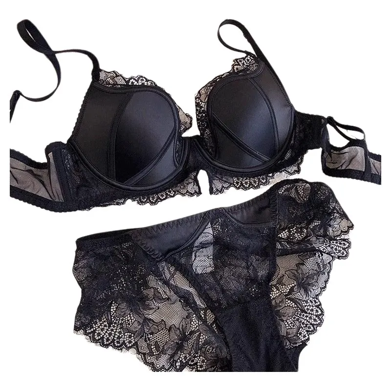 Women Bra and Panty Set Mesh Lace 2 Pcs Transparent Floral Lingerie Sexy Push Up Gathered Female Underwear Clothing