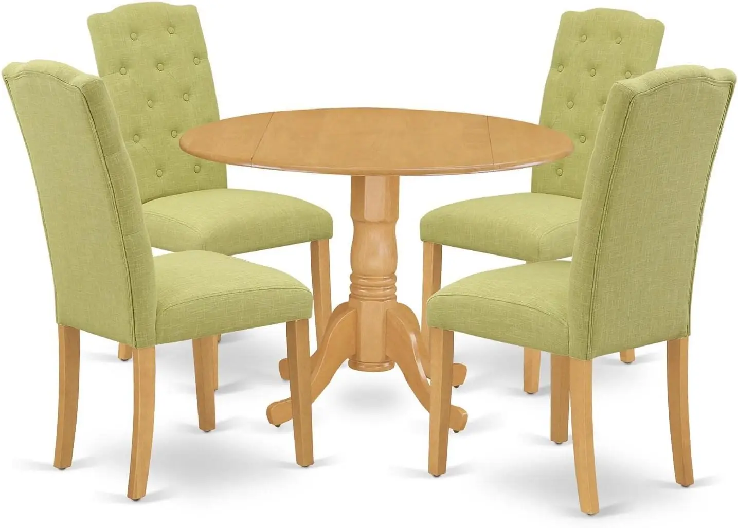 

DLCE5-OAK-07 Dublin 5 Piece Set for 4 Includes a Round Kitchen Table with Dropleaf and 4 Limelight Linen Fabric Parson Dining