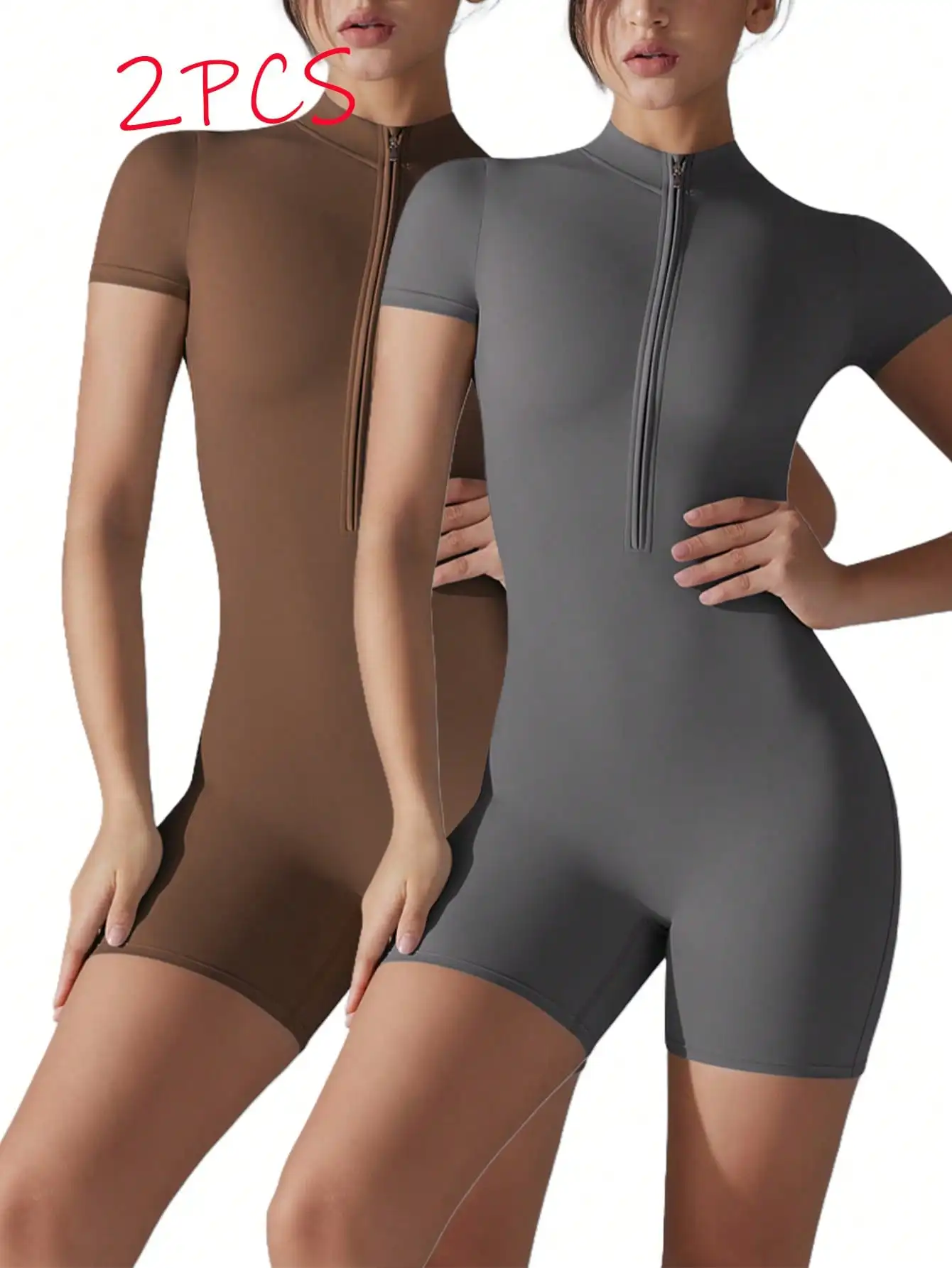 

2 PACK Summer Zip-Up Short Sleeve Shorts Yoga Bodysuit For Women - Dance Workout Form-Fitting One-Piece