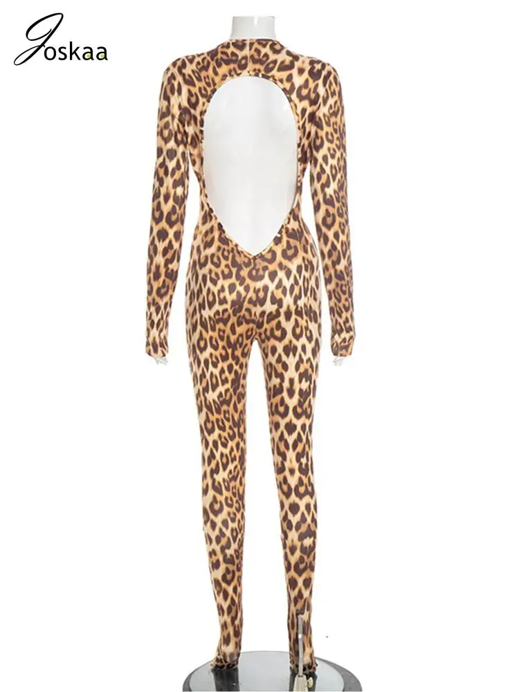 Joskaa الخريف مثير ليوبارد طباعة حللا امرأة العميق الخامس الرقبة الانقسام عارية الذراعين كم كامل Bodycon السروال القصير منتصف الليل نادي وتتسابق #5