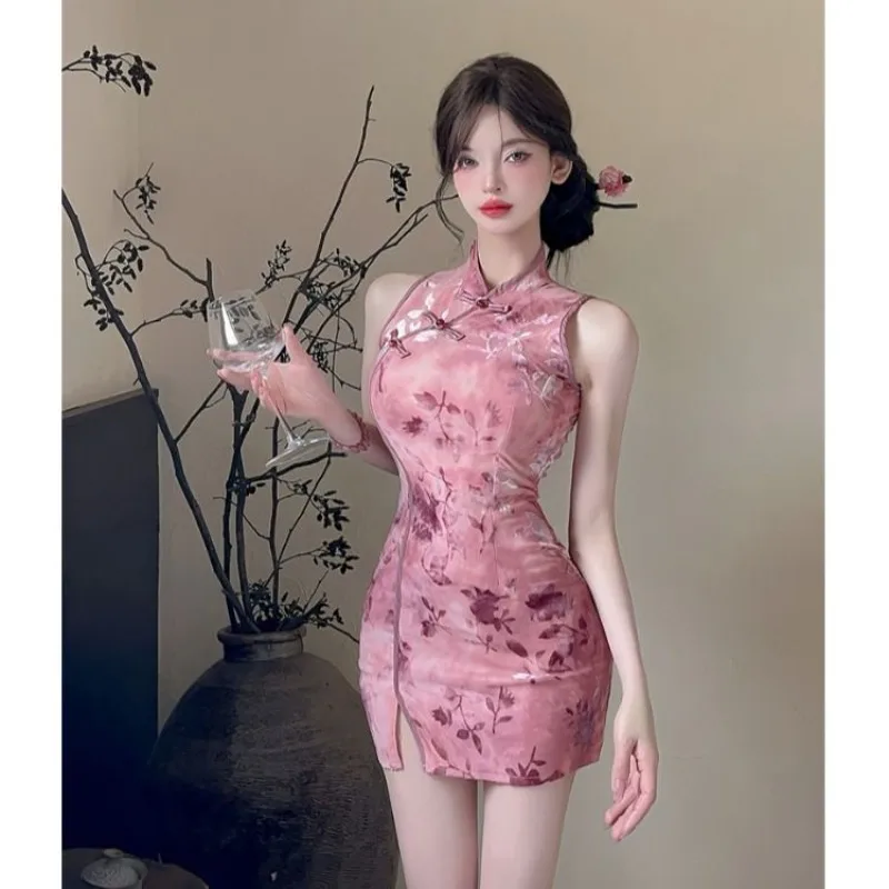 

50-150 кг плюс размер Cheongsam женское цветочное без рукавов с боковым разрезом китайская униформа Ципао облегающее мини-платье коктейльное платье