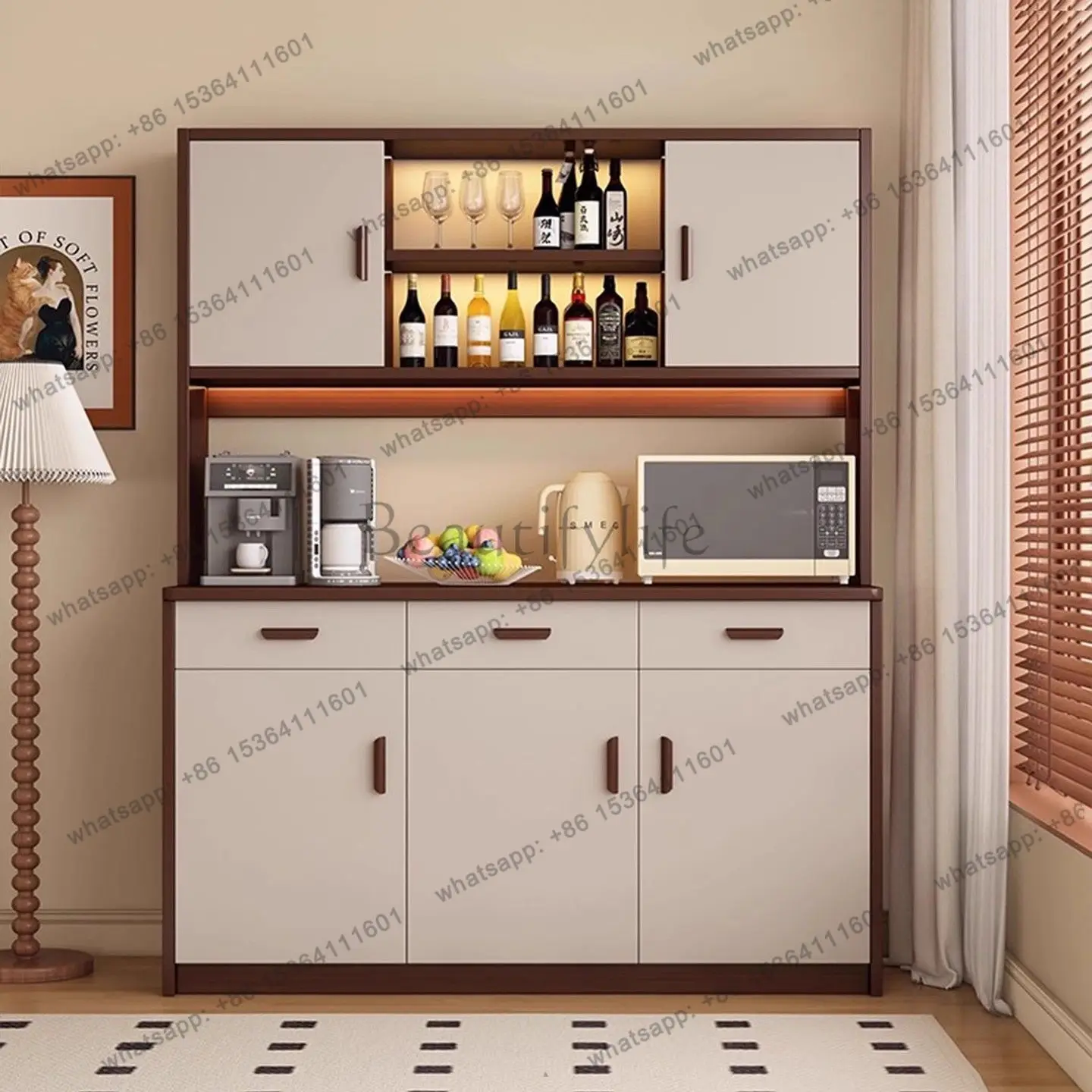 LDLiving Room Cabinet Lockers, Solid Wood Kitchen Floor Cabinet Shelf with Door Dustproof Side Cabinet Storage Rack Household