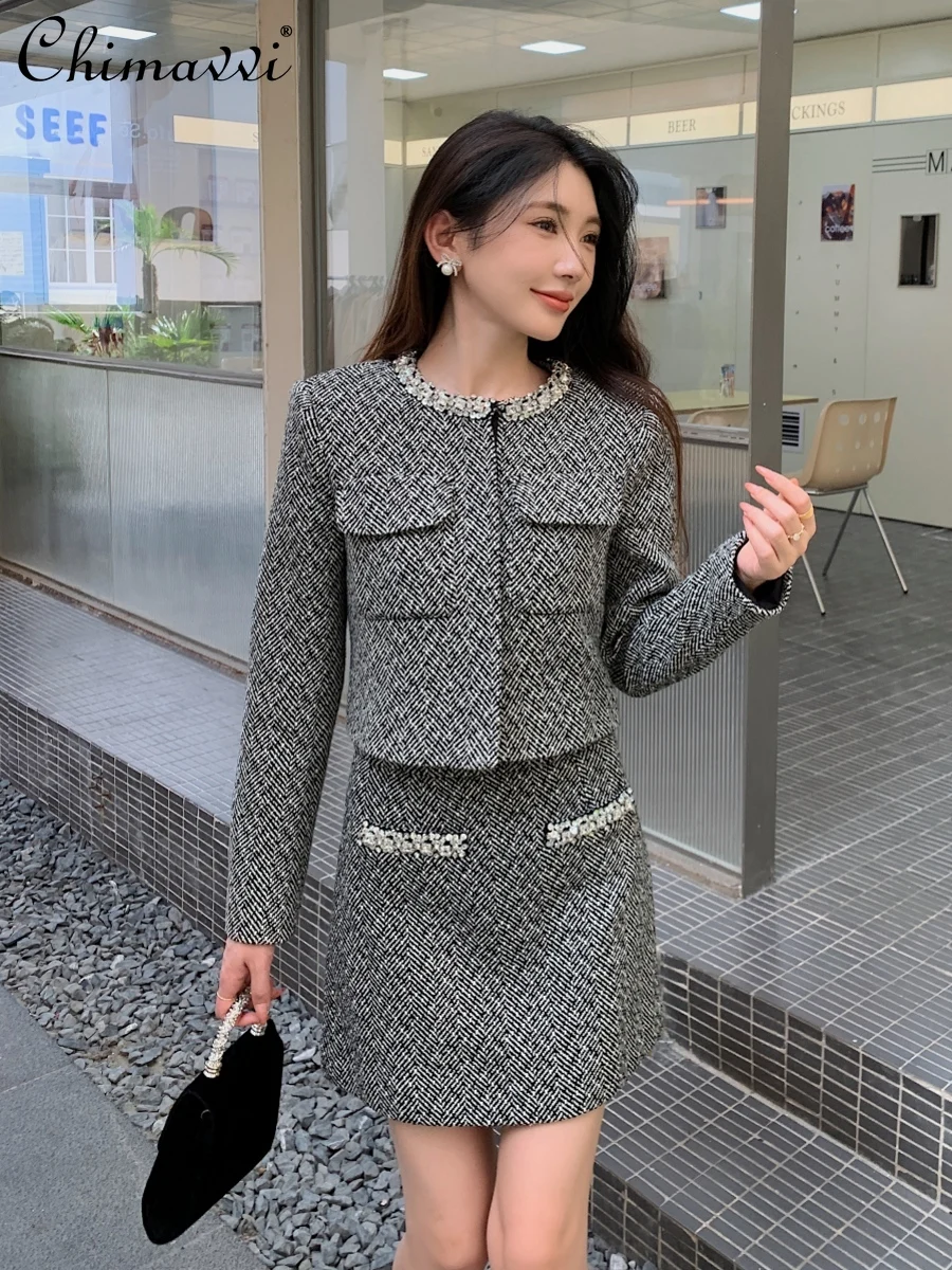 Autumn New Fashion Grey Long Sleeve Jacket Top High Waist Short Skirt Set 2024 Autumn New Elegant Party Women\'s Two-piece Set