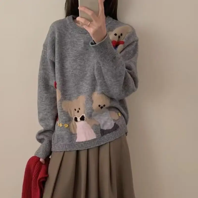 Cartoon Cute Jacquard Pullover Sweater Women  Autumn Winter New Loose Versatile Warm Knitwear Kawaii Fashion Women's Sweater