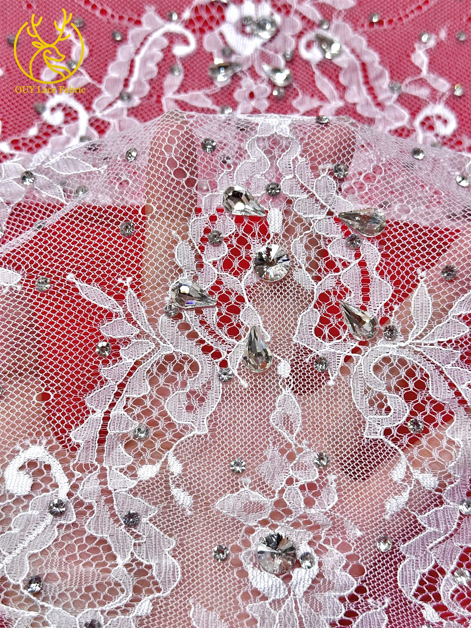 Roter nigerianischer Spitzenstoff, hochwertige afrikanische Milchseide mit Steinen, Guipure-Kordel für Damen-Partykleider, DIY-Nähzubehör, 3 Meter – Detail 11