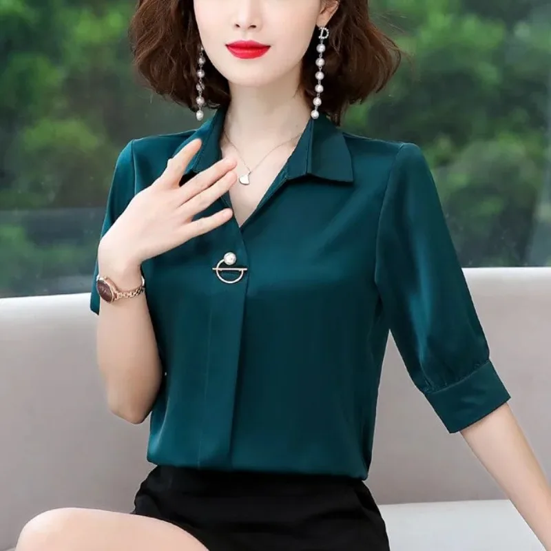 Women\'s Solid Color Summer Short Sleeve Turn-down Collar Rivet Chiffon Pullover Shirt Casual Elegant Comfortable Flattering Tops