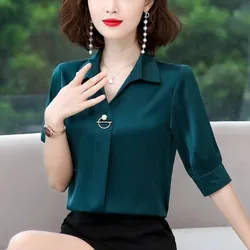 Women's Solid Color Summer Short Sleeve Turn-down Collar Rivet Chiffon Pullover Shirt Casual Elegant Comfortable Flattering Tops