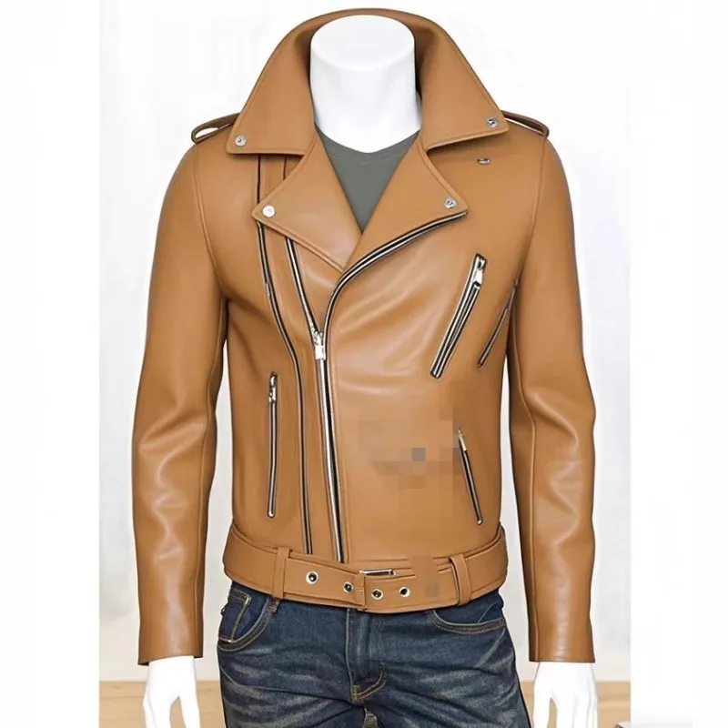 

Autumn Winter Fashion Men's Clothing Lapel Slim Locomotive Leather Jacket Short Top Multi-zipper Design Fashion Belt Men Coats