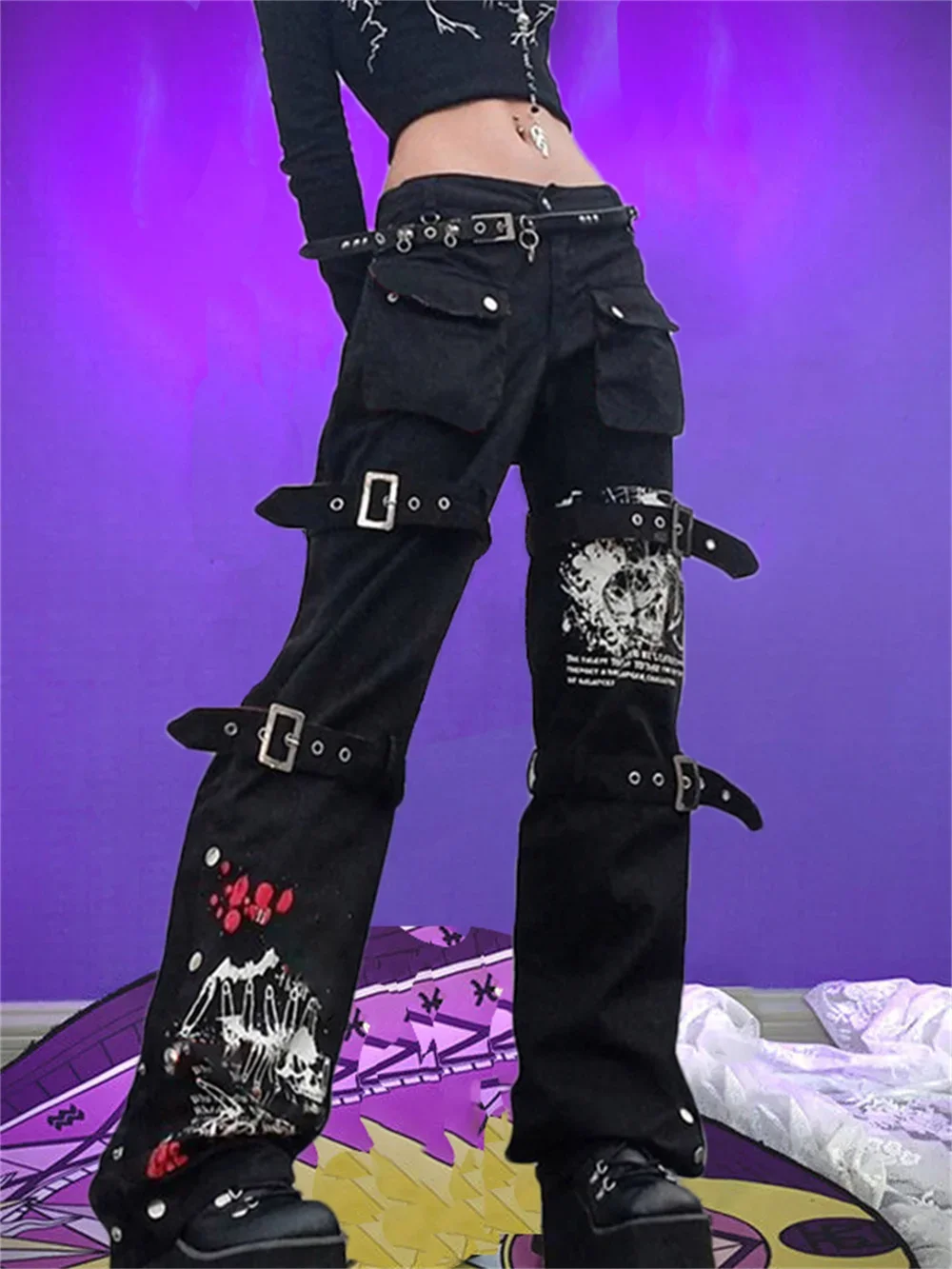 Gothic Y2K Emo Pants Cargo Black Low Waist Techwear Baggy Bottoms Women Punk Korean 90s Hip Hop Harajuku Trousers 90s Mom Pants