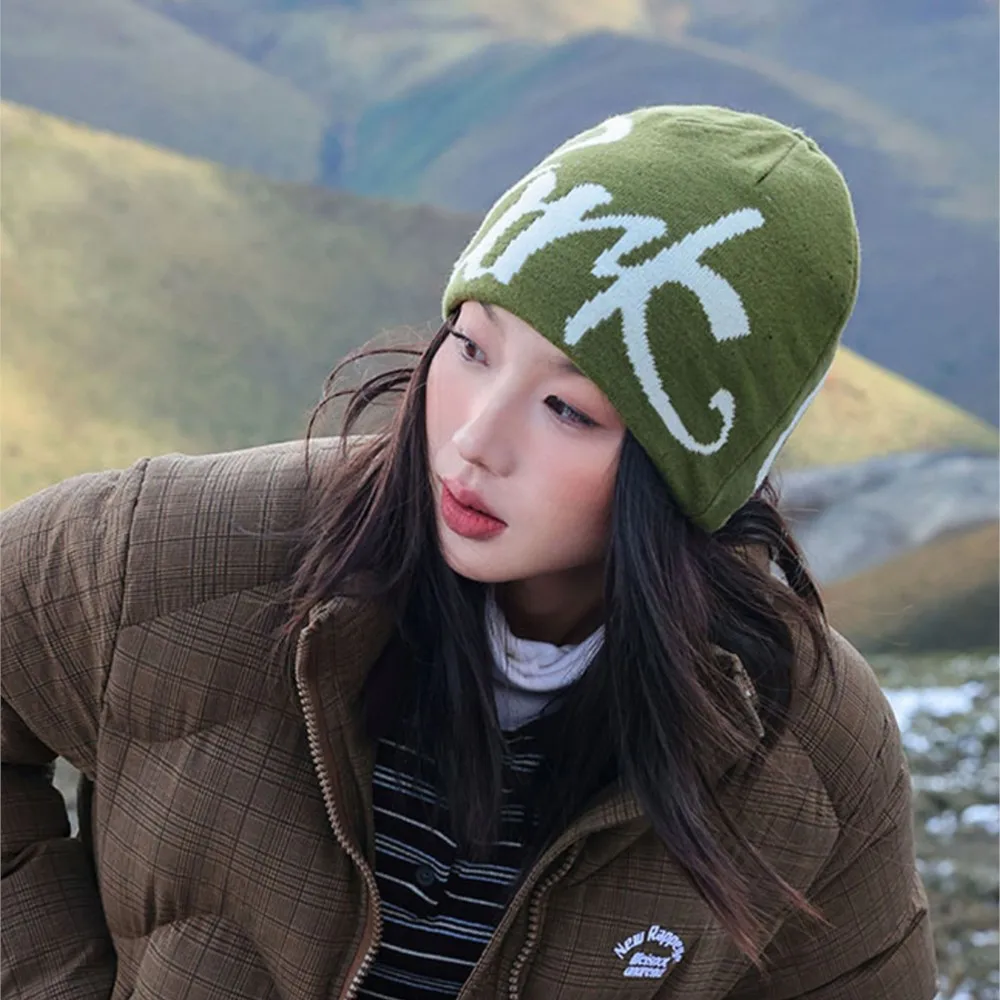 Men Beanie Kpop Letter Hat Y2k Black Knit Hip Hop Streetwear Wool Winter Korean Fashion Pullover Accessories Jacquard Women Cap
