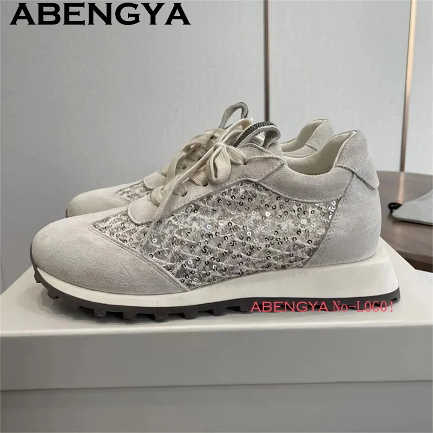 

Sequin Knitted Lace Up Casual loafers Shoes Women Quality Round Toe Platform Sneakers 2026 Spring Non-slip Flat Shoes for Woman