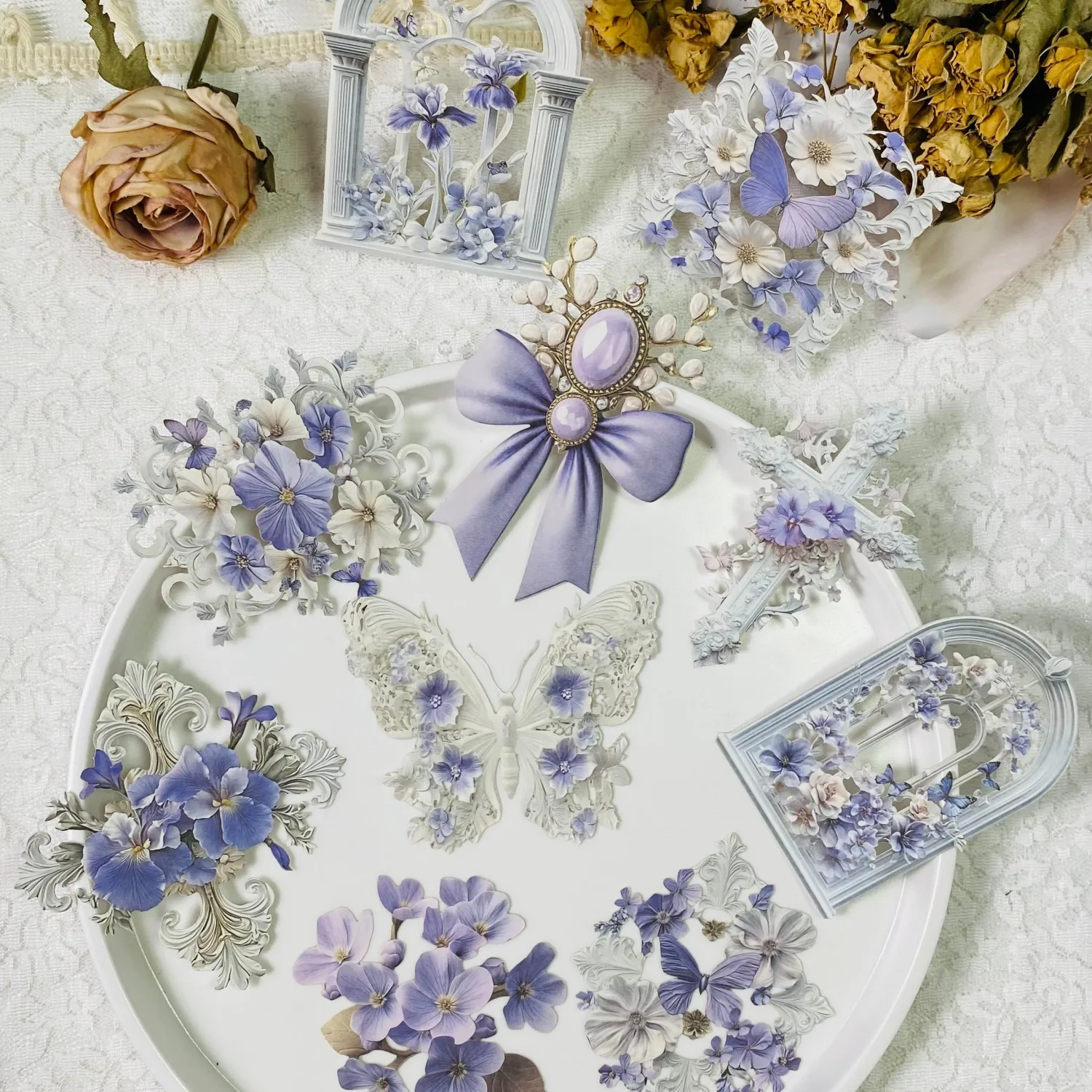 Journamm 10 أوراق ورق مجوف مواد ديكور مجموعة عتيقة ملصقات سجل القصاصات إطار زهرة مجوف ملصقات كتيب مجمعة #6