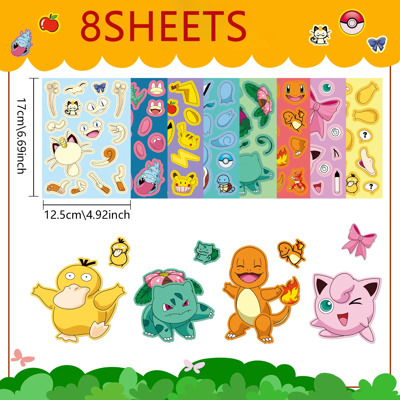 8/16Sheets Cute Pokemon Anime Puzzle Stickers DIY Make-a-Face Assemble Funny Cartoon Decal Jigsaw Fun for Children Kid Toy Gift