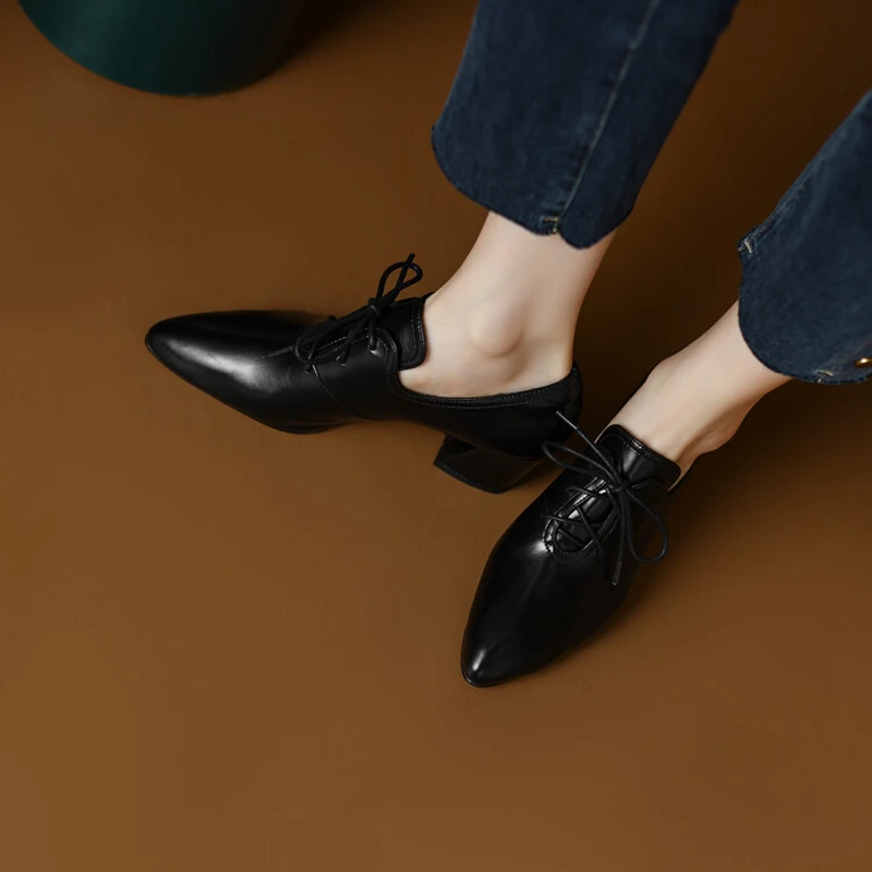 NEW Spring/Autumn Women Shoes Pointed Toe High heels Split Leather Chunky Heel Pumps Plus Size Retro Lace Up Black Shoes Women