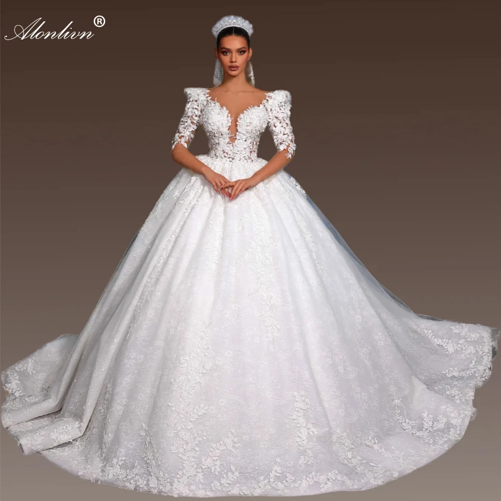 

Alonlivn выполненное на заказ кружевное бальное платье с аппликацией, свадебные платья, цветы из бисера, иллюзорные рукава, v-образный вырез, свадебные платья принцессы