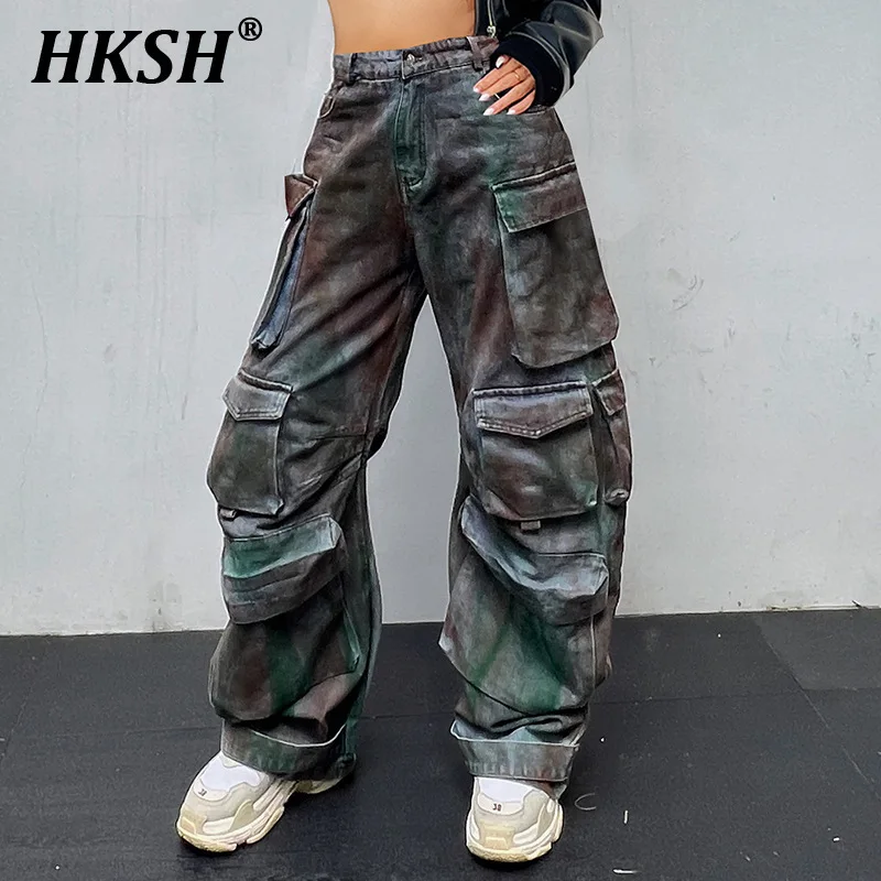 

HKSH Spring New Women Dark Punk Fashion Graffiti Personalized Safari Style Denim Pants Loose Multi Pockets Wide Leg Jeans HK5323