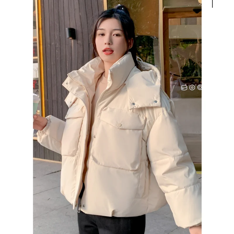 Beige Down Jacket Women Coat Black Hooded Fashion American Streetwear Y2K Style Duck Down Feather Female Winter Short Outwear