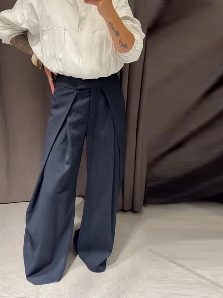 กางเกงขายาวเอวสูงทรงหลวม แฟชั่นฤดูใบไม้ร่วงฤดูหนาว 2025 กางเกงลำลองสไตล์ชิคสำหรับผู้หญิง ลายทางแบบไม่สมมาตร