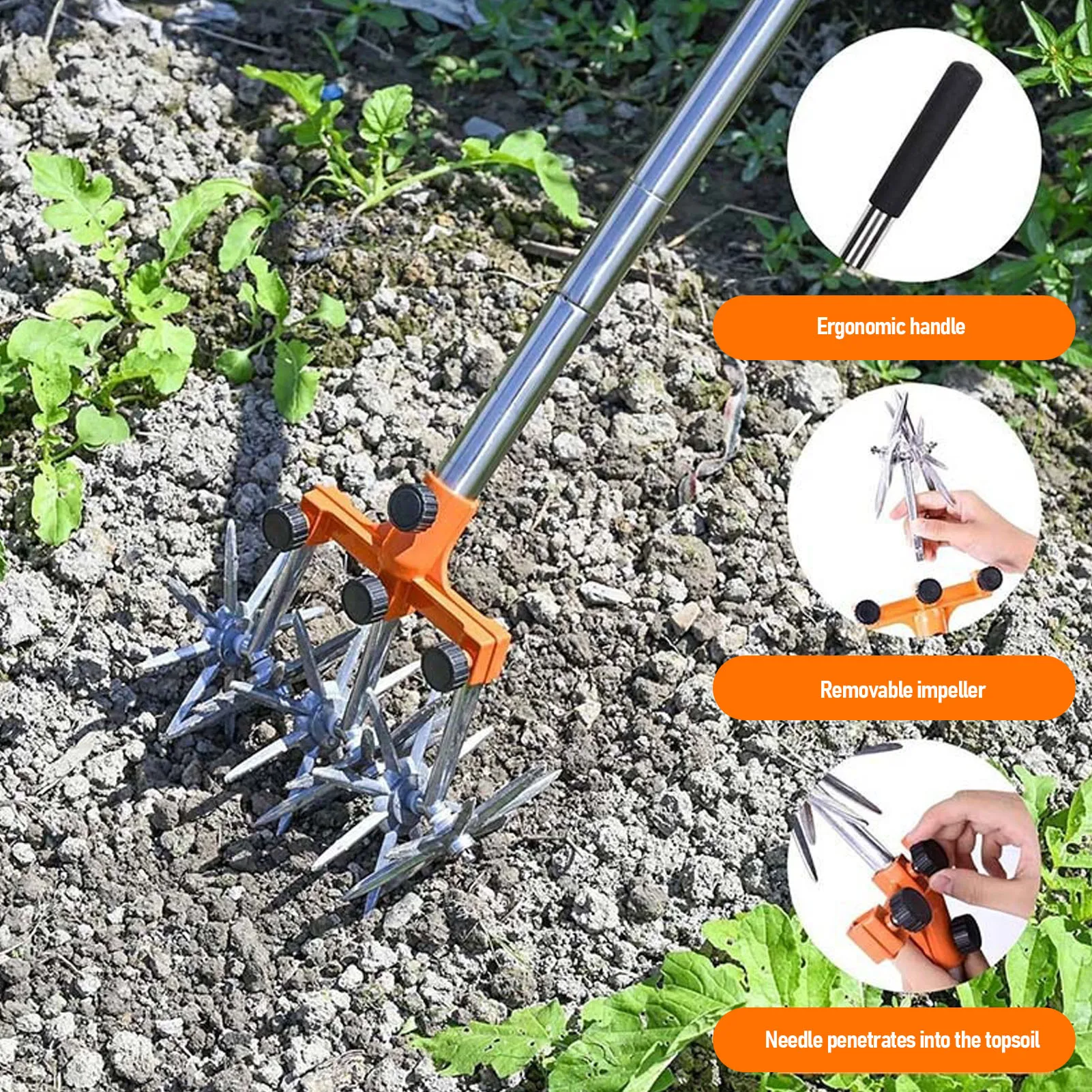 

Hand Tiller Garden Tool Manual Rotary Cultivator Tool Stainless Steel Teeth Adjustable Handle Garden Hand Tiller for Lawn