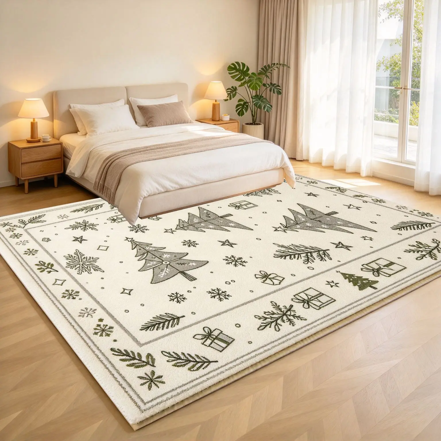 1pc 2D Flat Christmas Tree Snowflake Gift Box Printed Floor Mat, Decorative Rug for Living Room, Bedroom, Home