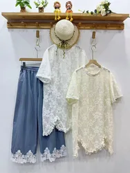 2025 Mori kei clothing Japanese style lace floral embroider shirts and blouses for women summer white beige long shirts