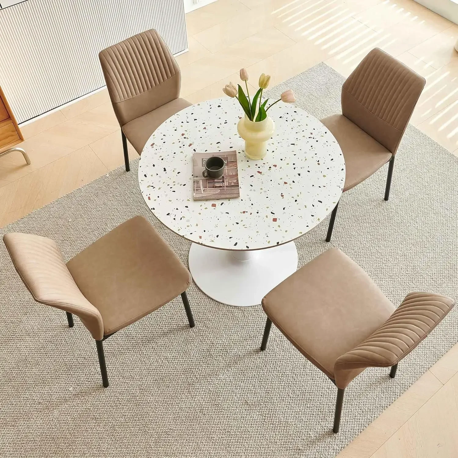 NORDICANA 4 Seater Kitchen Tulip Dining Table Set for 4, 5-Piece Round Dining Room Set with White 35 Inch Sintered Stone Circle