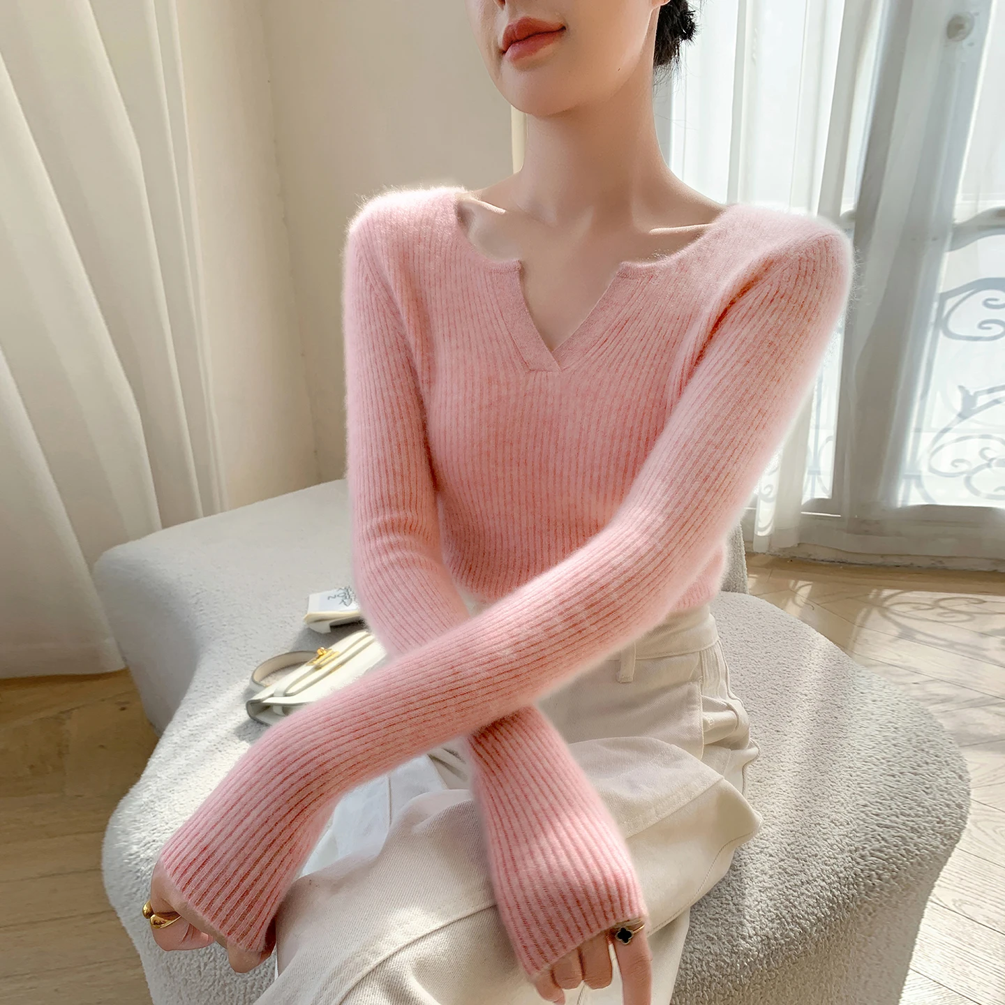 خريف/شتاء جديد المرأة 100% الكشمير الخالص البلوز عادية بلون محبوك سترة سليم صالح الخامس الرقبة القمم الأساسية البلوز #6