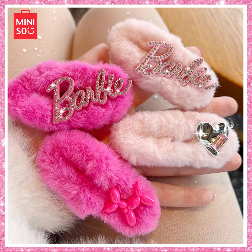 Miniso Barbie New Letters Rose Pink Fur Y2K Spice Girl New Bangs Edge Clip No Trace Broken Hair Clip Hair Accessories Girl Gift