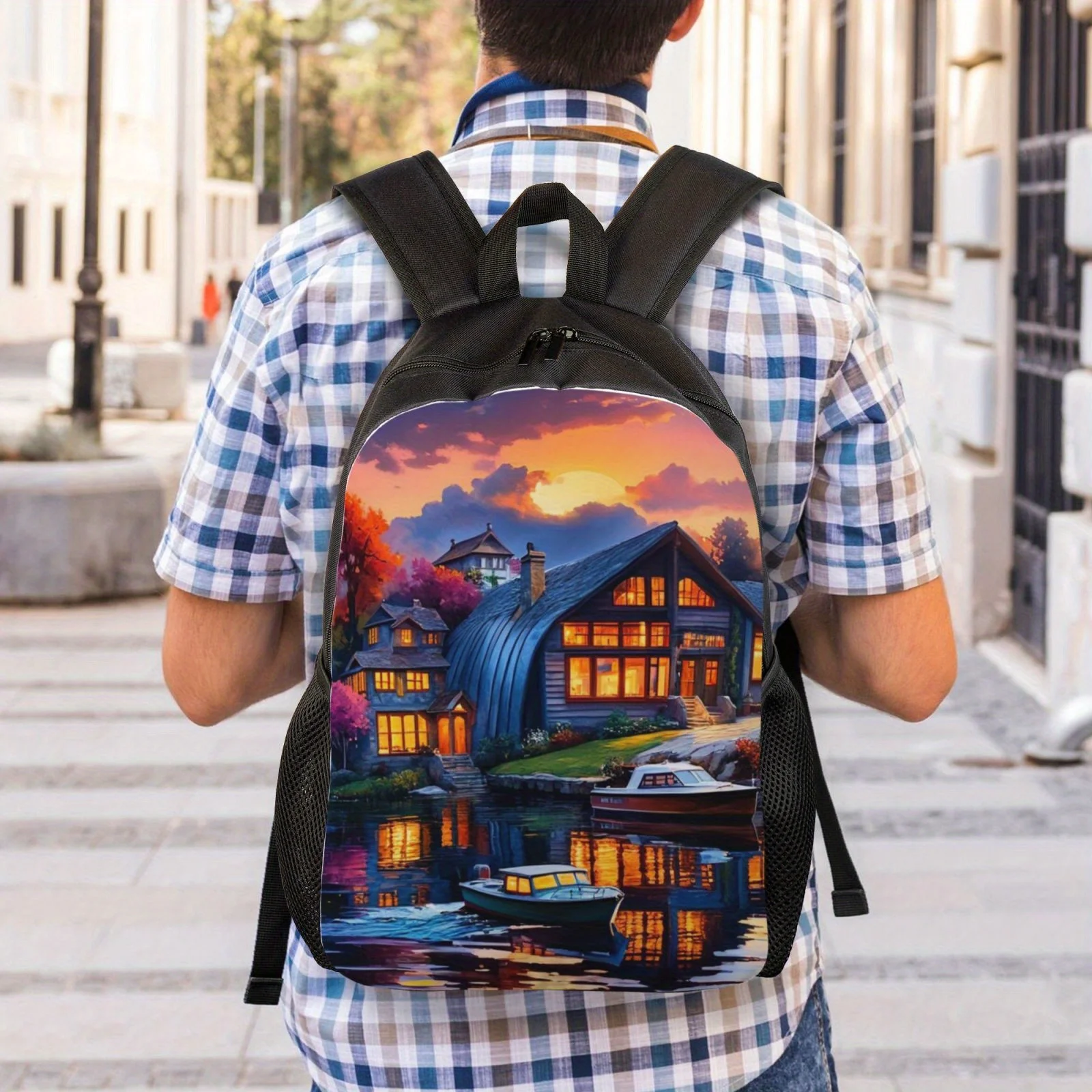 Small town printed cool and lightweight backpack, suitable for young men and women to go to school, commute, and library