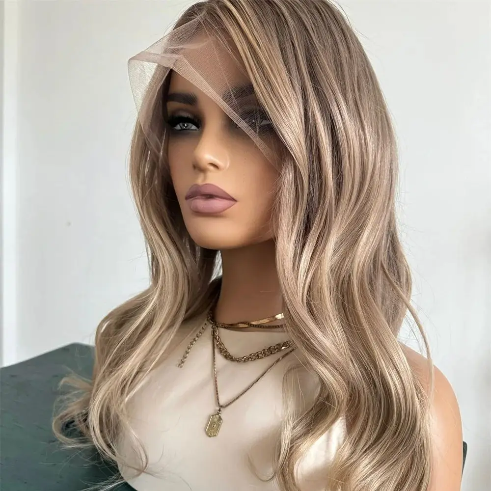 

16-дюймовый синтетический парик средней длины с кружевной передней частью для женщин, волнистый, омбре, блонд-коричневый, для косплея, реалистичный вид, готов к носке