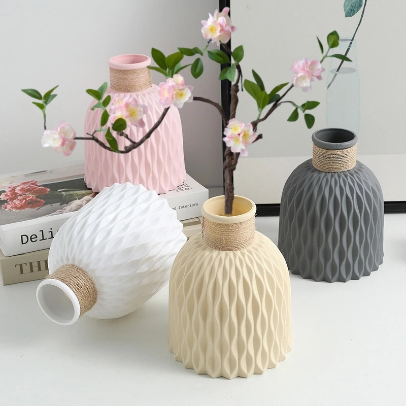 1PC Pineapple Pattern Twine Imitation Ceramic Plastic Vase Simple Water Wave Pattern Flower Arrangement Vase