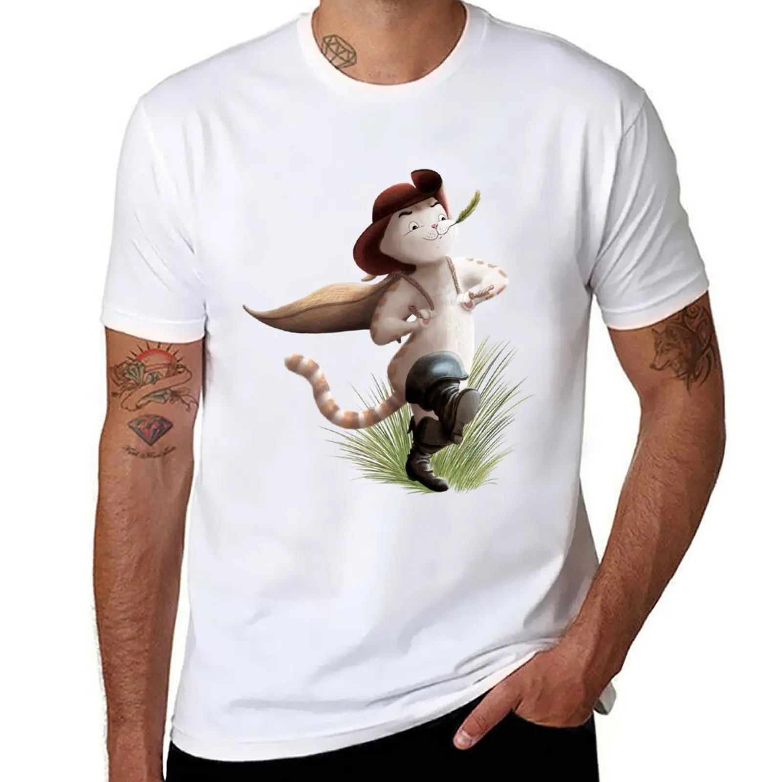 

Puss in Boots 1 on beige background T-Shirt t shirts for man cotton soft anime t shirts oversize T-Shirt