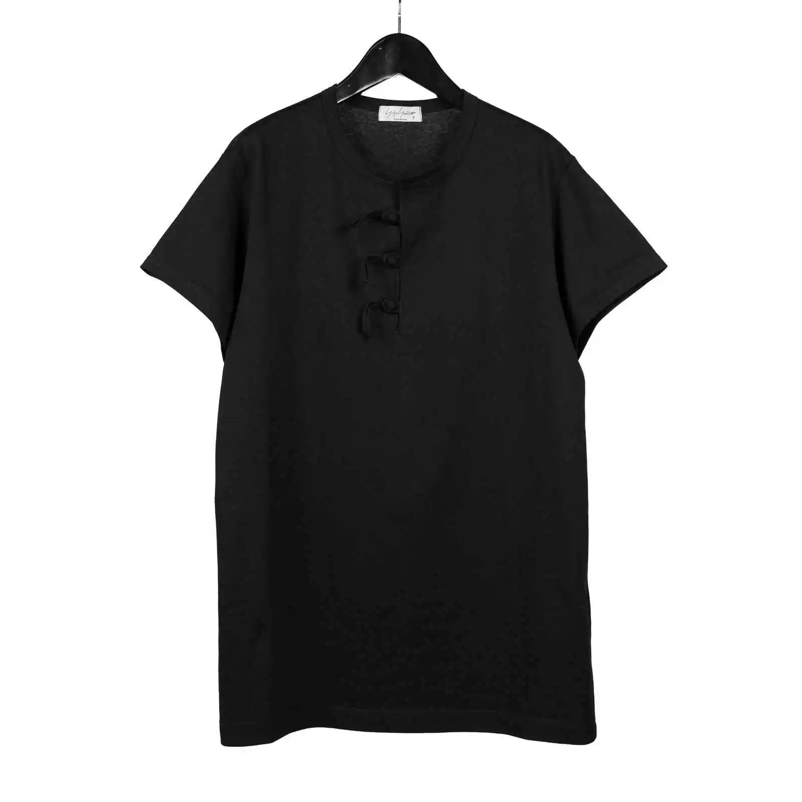 

TOP-YAMAMOTO Japanese Original Design Dark and niche black pure cotton half-sleeve buckle Chinese-style T-shirt