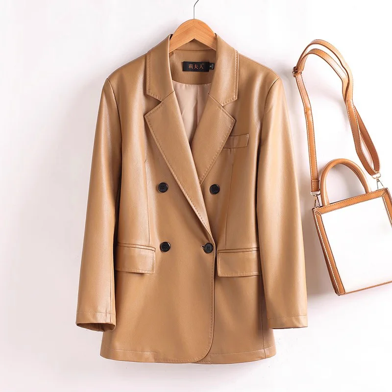 Neu Damen Spaltleder Lässiger Blazer Frühling Herbst Mode Anzugkragen Zweireiher Lockere Taille Lederjacke Damenblazer