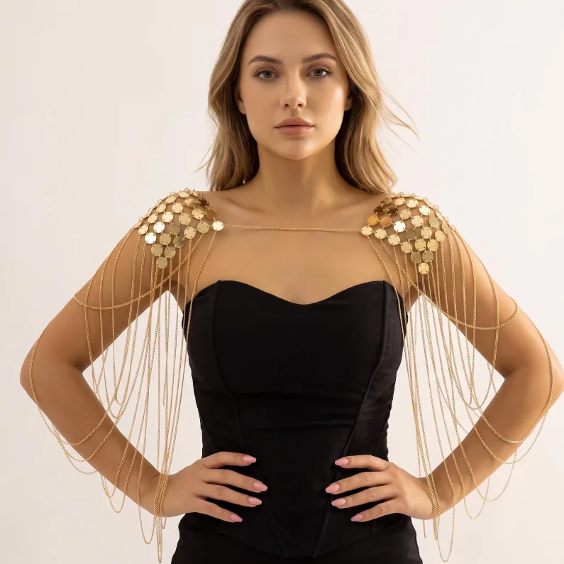 Goldene Schulterkette mit Quaste, Körperaccessoire, Einheitsgröße, dekoratives Schultergeschirr für Party, Abschlussball, Abendkleid, Fotoshooting, Großhandel – Detail 3