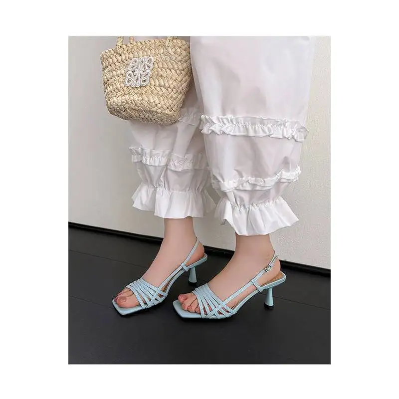 Korean Women Cow Split Leather Slingback Sandals Square Open Toe Roman Crisscross Strap Thin Flare Heel Summer Dress ShoesF73