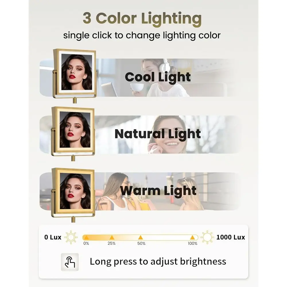 مرآة مكياج LED مزدوجة الجوانب مع بطارية 4000 مللي أمبير في الساعة، 360 درجة ° ذراع قابل للدوران، مصابيح 3 ألوان قابلة للتعتيم باللمس، تكبير 1X/10X، و #4