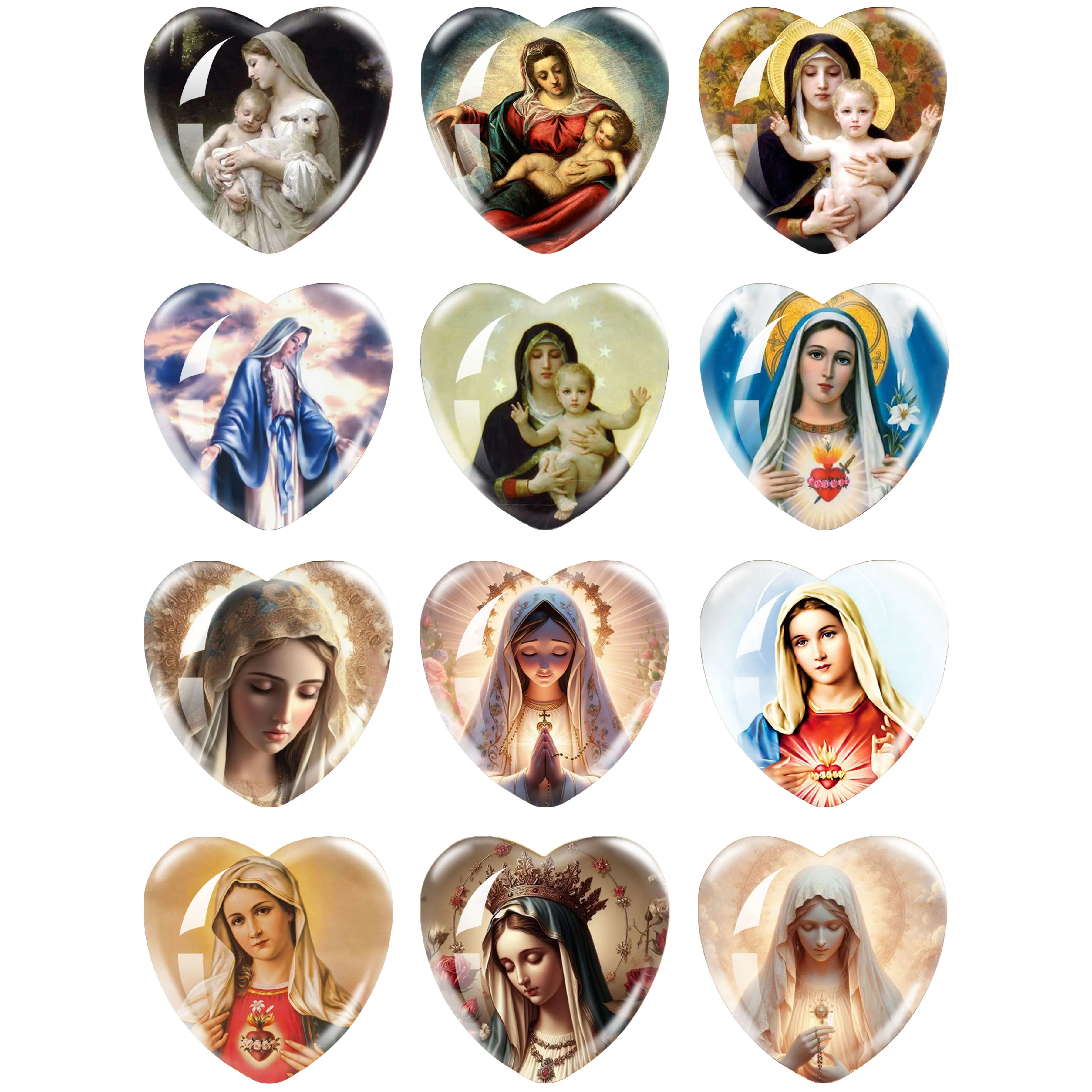 

Virgin Mary And Baby Jesus Religious Glass Cabochon 16mm-30mm Heart Shape Photo Glass Cabochon Flat Back Making Findings