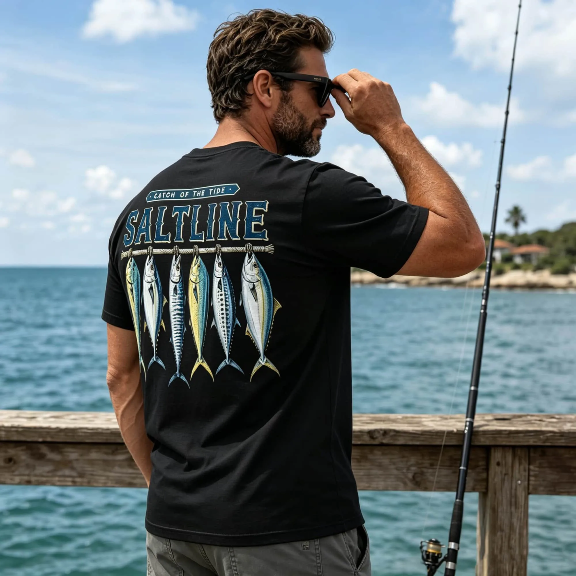 Herren-T-Shirt mit Rundhalsausschnitt und kurzen Ärmeln, mit Fisch-Grafikdruck auf Vorder- und Rückseite, Outdoor-Angler-Oberteil für Männer. – Detail 5