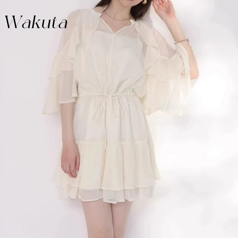 

WAKUTA Simple Solid Casual Chiffon Dress High Waist Elegant Ruffles Lace Up Fairy Vestido Japan Pure Desire Literary Moda Robe