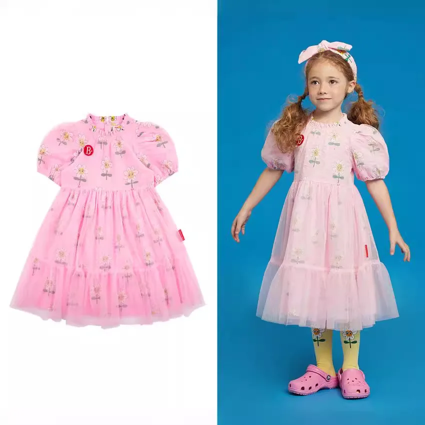 

Girls Dress 2024S/S Summer Style Girls Sunflower Full Print Pink Dress Kids Tutu Gauze Short Sleeve Dress