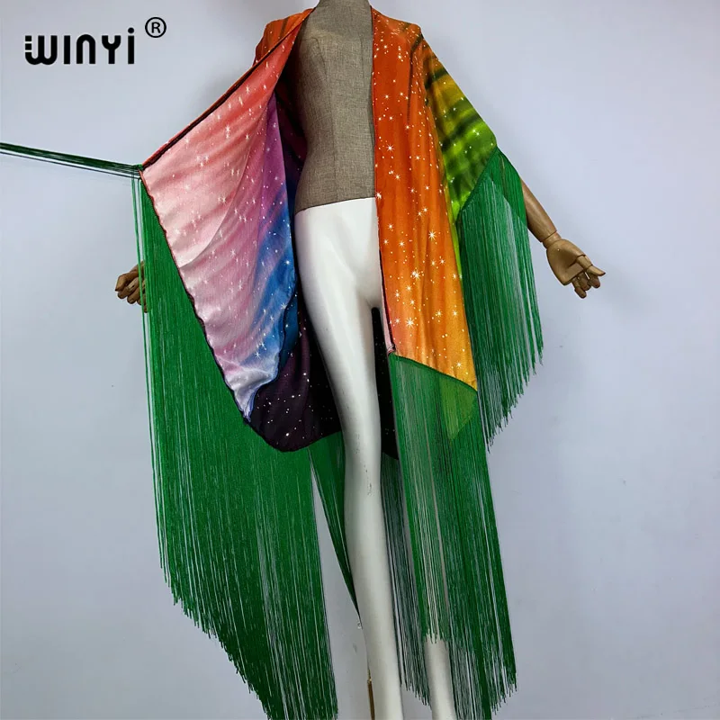 Winyi Kimono Zomer Boho Print Bikini Cover-Up Elegant Mode Vest Sexy Vakantie Lange Mouw Kwastjes Maxi Jurk Mode Jas