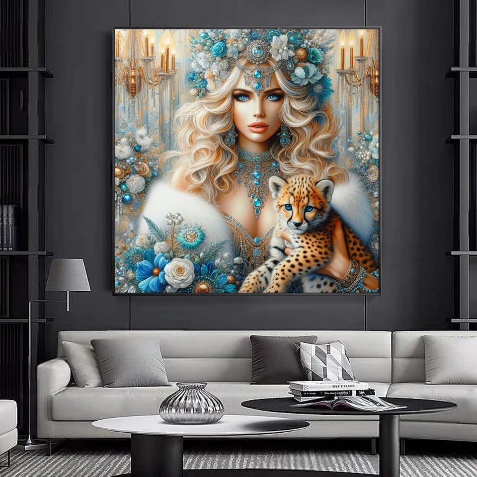 Diamond Painting Cross Stitch Kits Woman Indian Beauty Full Diamond Embroidery Jewelry Leopard Flowers Mosaic For Home Decor