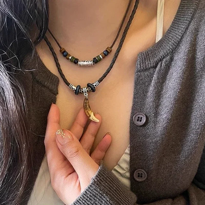 Mode Männer Frauen Goth Multi-schicht Vintage Wolf Zahn Anhänger Leder Perlen Gewebt Gebet Halskette Mode Schmuck Halsketten