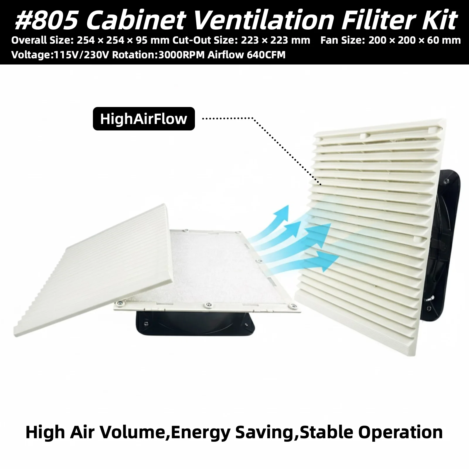 

Для комплекта вентиляторов с вентиляционным фильтром 805 254x254x95 мм с осевым вентилятором EC 200 мм 115 В/230 В IP44 пылезащитное охлаждение для шкафов и автофургонов