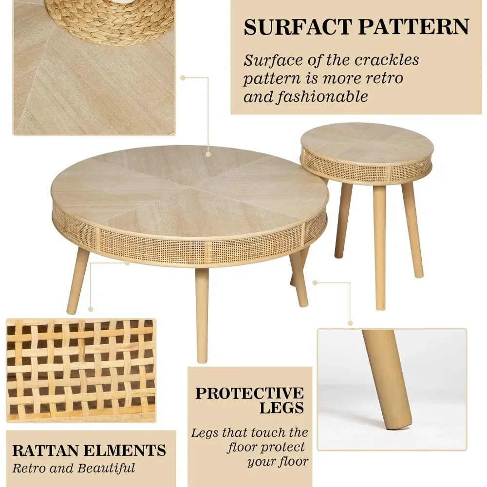 Farmhouse Round Coffee Table 2Pack, Rustic Sofa Side Tea Tables Nesting Center Table Set with Handmade Rattan for Living Room
