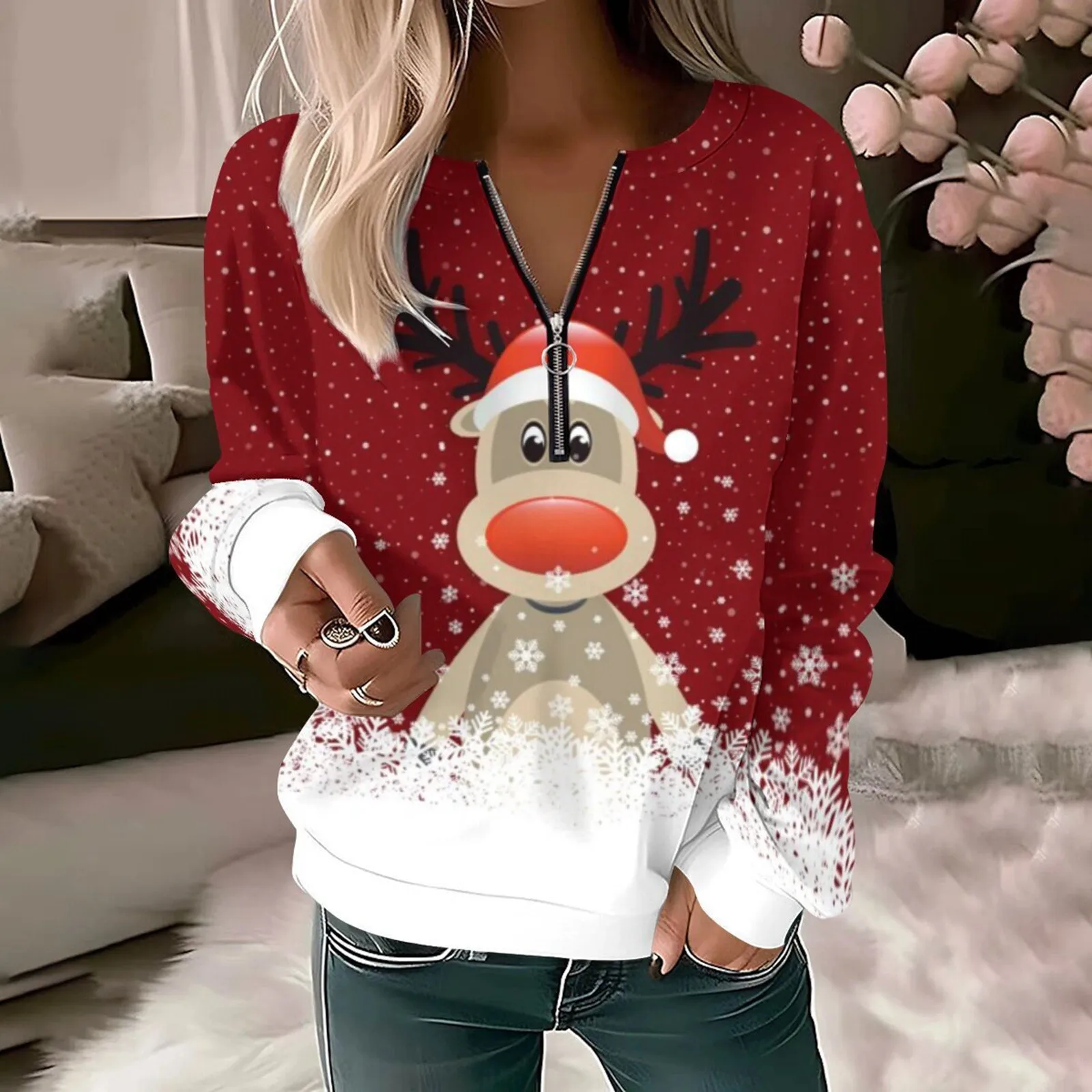 Christmas Hoodies Womens Zipper Deer Snowflake Print Loose Sweater Long Sleeve Workout Hoodies Ladies Pockets Xmas Sweatshirts