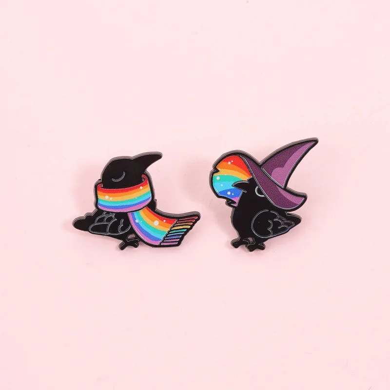 Cartoon Magic Crow Brooch Cute Bird Rainbow Pattern Badge Clothing Bag Decoration Pin